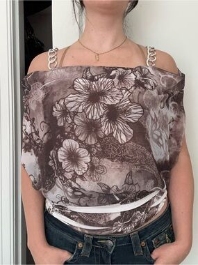 y2k Seductions Off-Shoulder Floral Print Camisole in Brown and Cream